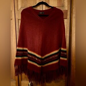 Novica Women’s Maroon Alpaca Blend Boho Hippie Granola Fringed Poncho Approx M